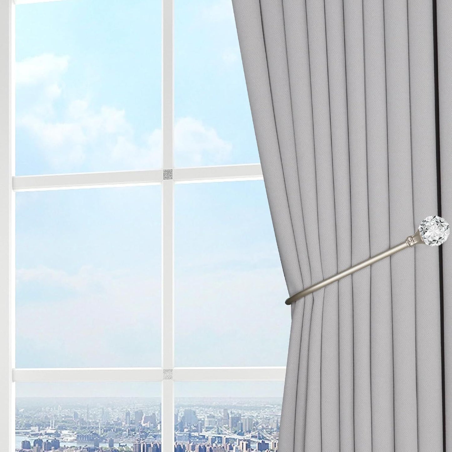 Upgraded Curtain Tiebacks Set o 2 - Wall Mounted Heavy Duty Adjustable Curtain Holdbacks or Heavy Curtains,U-Shaped Curtain Pull Backs with 180°lexible Angle (2, Silver with Crystal Ball)