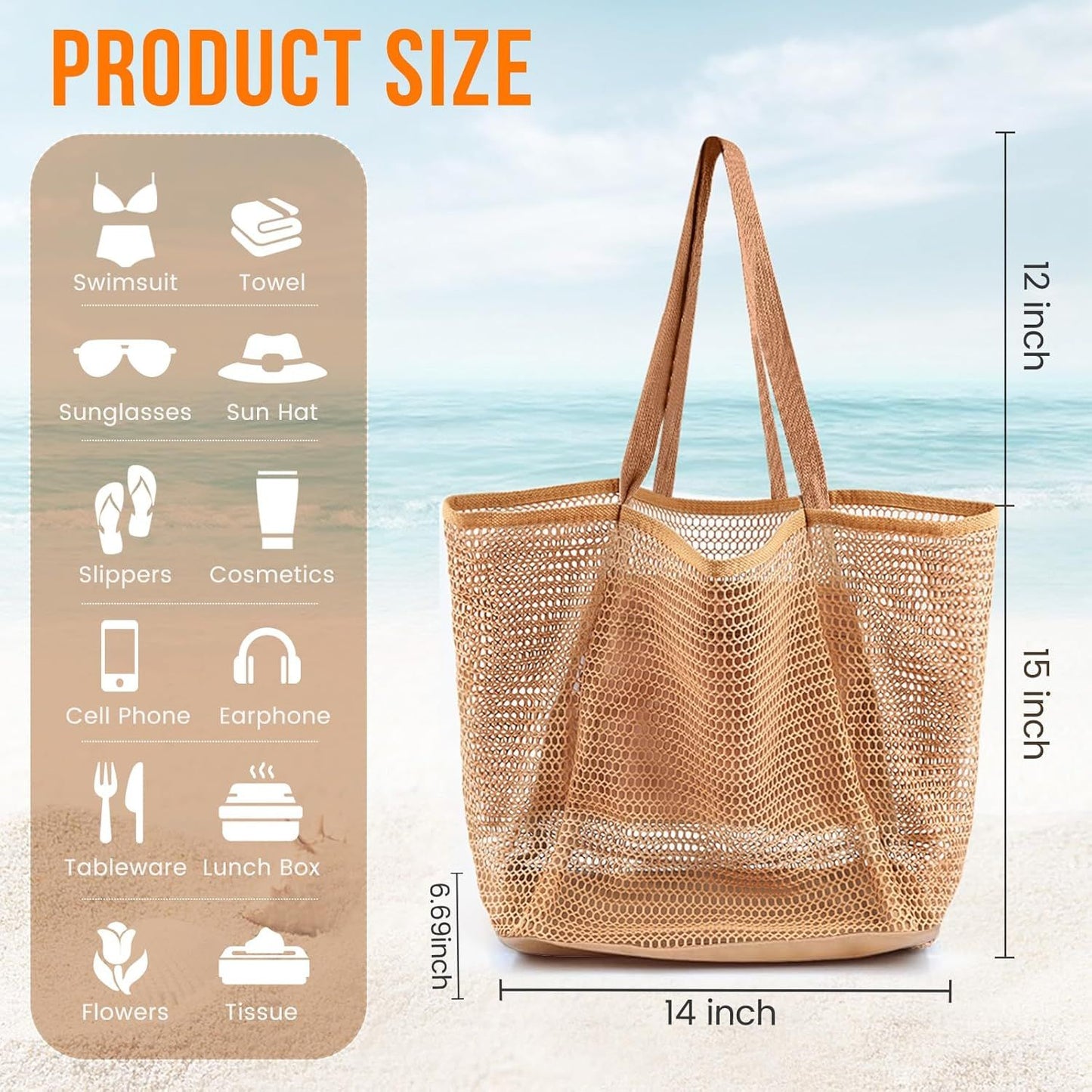 Beach Bags or Women, Summer Travel Mesh Tote Bag with Large Inner Pocket, Sandproo Woven Shoulder Handbag