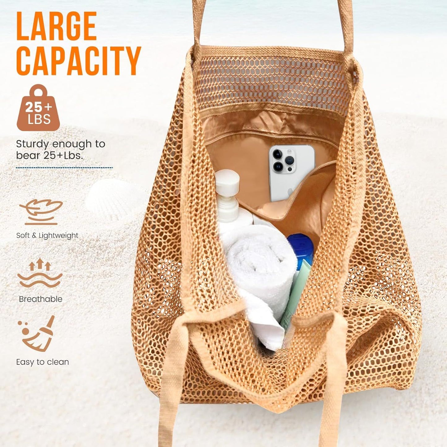 Beach Bags or Women, Summer Travel Mesh Tote Bag with Large Inner Pocket, Sandproo Woven Shoulder Handbag