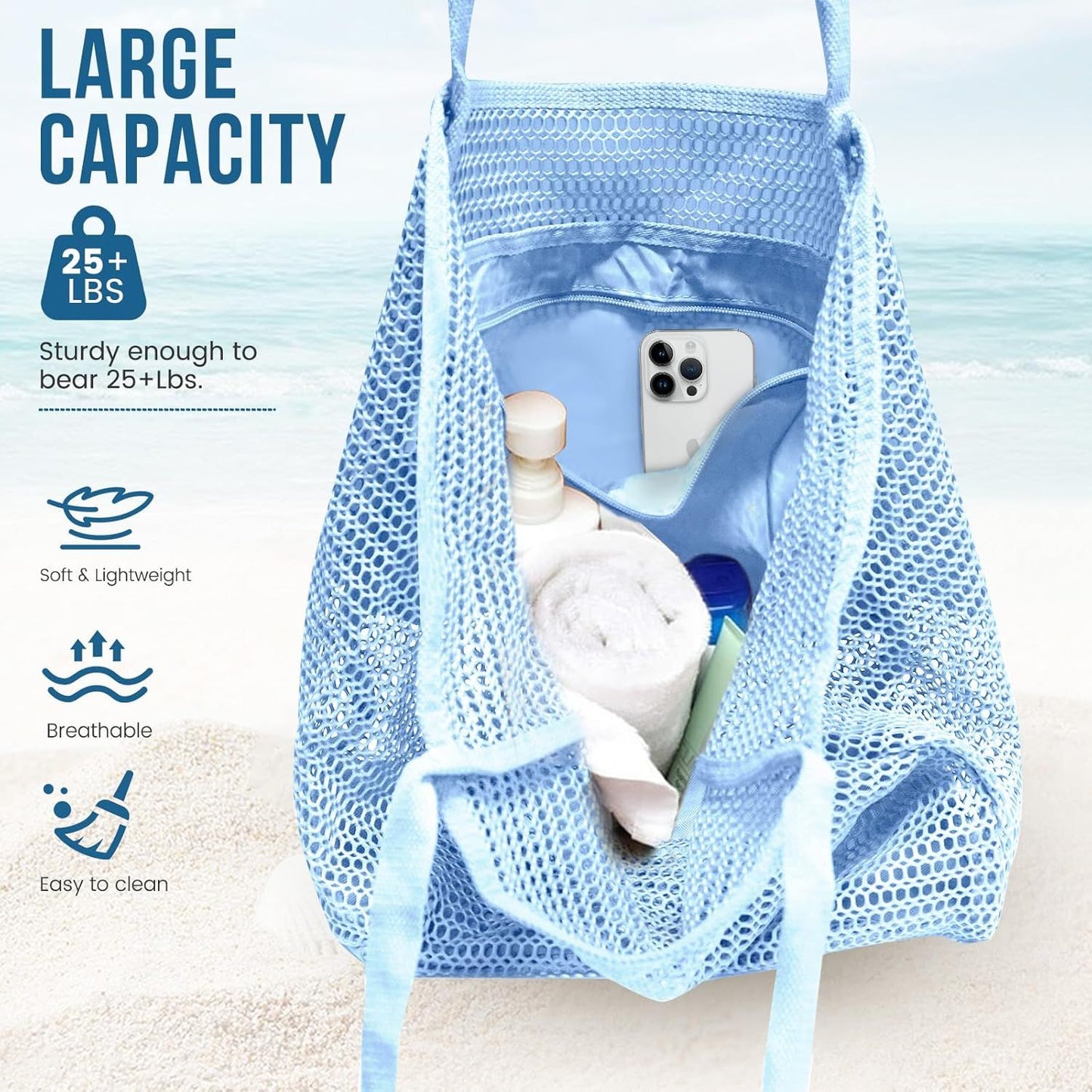 Beach Bags or Women, Summer Travel Mesh Tote Bag with Large Inner Pocket, Sandproo Woven Shoulder Handbag Swim Pool Bag, Suit or amily Vacation Essentials