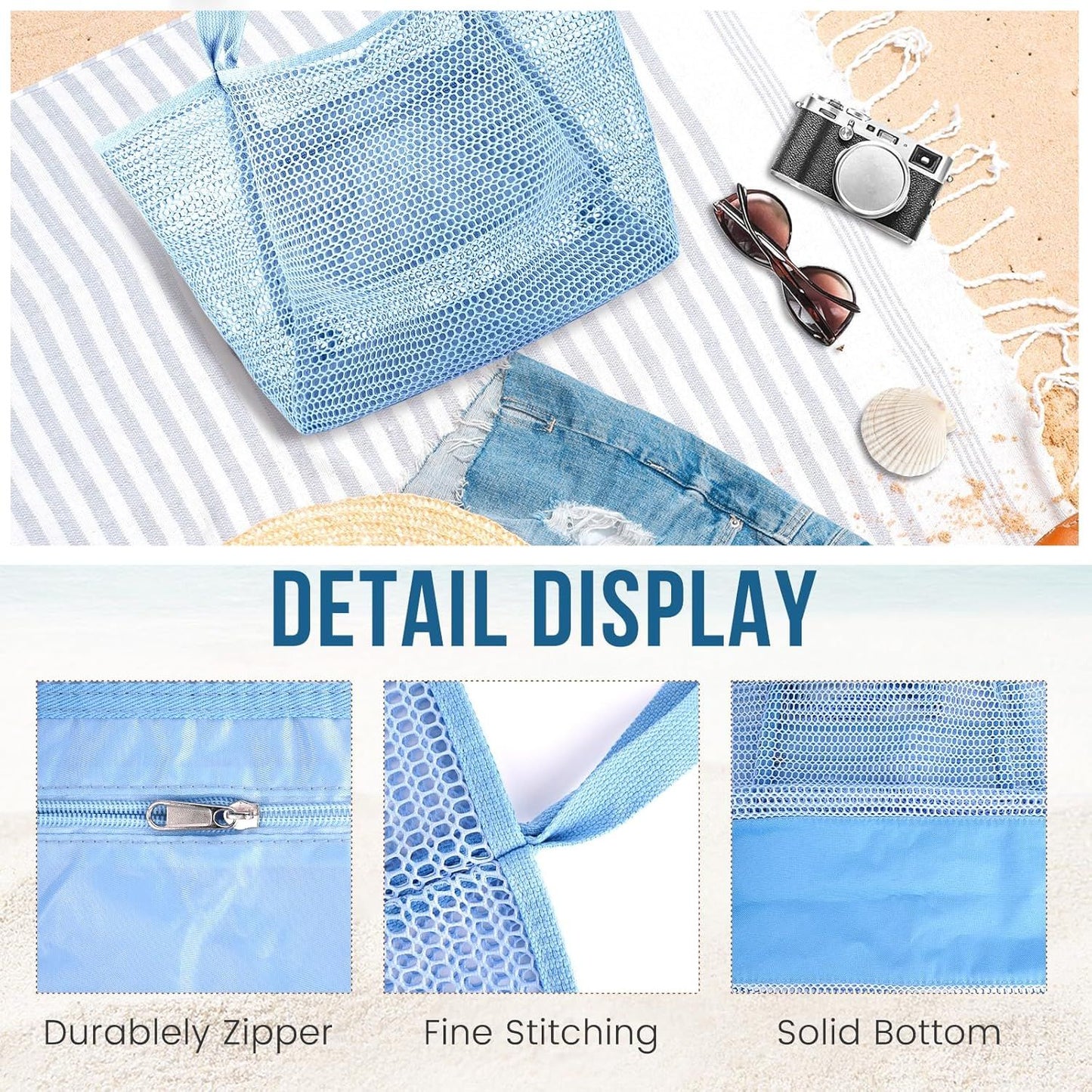 Beach Bags or Women, Summer Travel Mesh Tote Bag with Large Inner Pocket, Sandproo Woven Shoulder Handbag Swim Pool Bag, Suit or amily Vacation Essentials