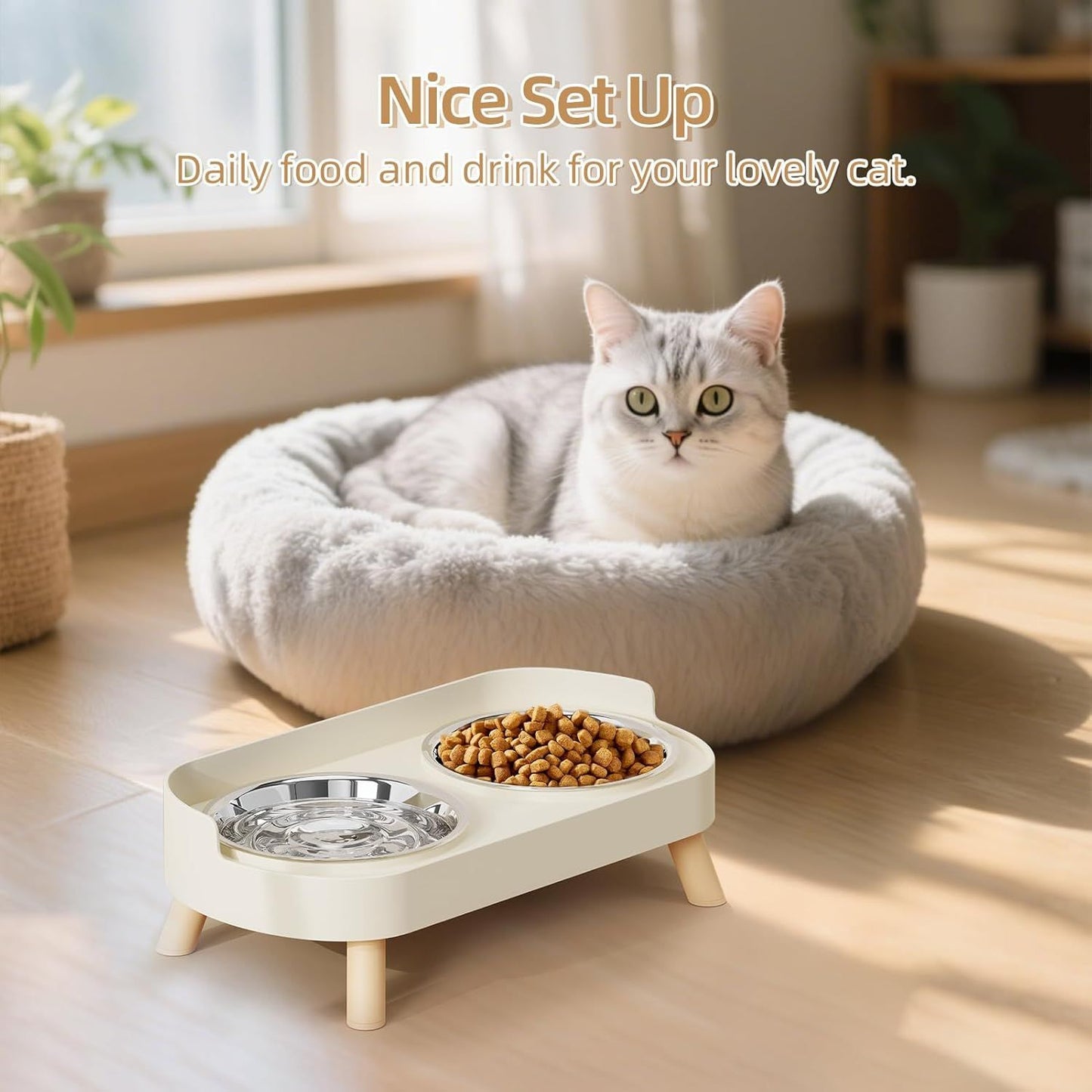 Elevated Cat Bowl, Raised Cat ood and Water Bowl Set or Indoor Cats, Splash Proo with 2 Stainless Steel Pet ood Bowls or Cats and Puppies, Whisker atigue and Dishwasher Sae - White