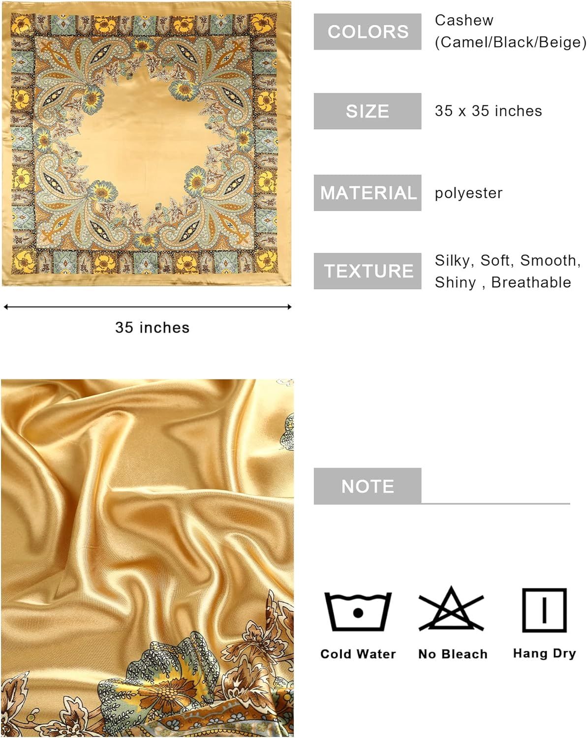 35” Large Square Satin Head Scar - 3Pcs Satin Hair Scarves Silk Bandana Scar Headscar Silk eeling Scar or Women