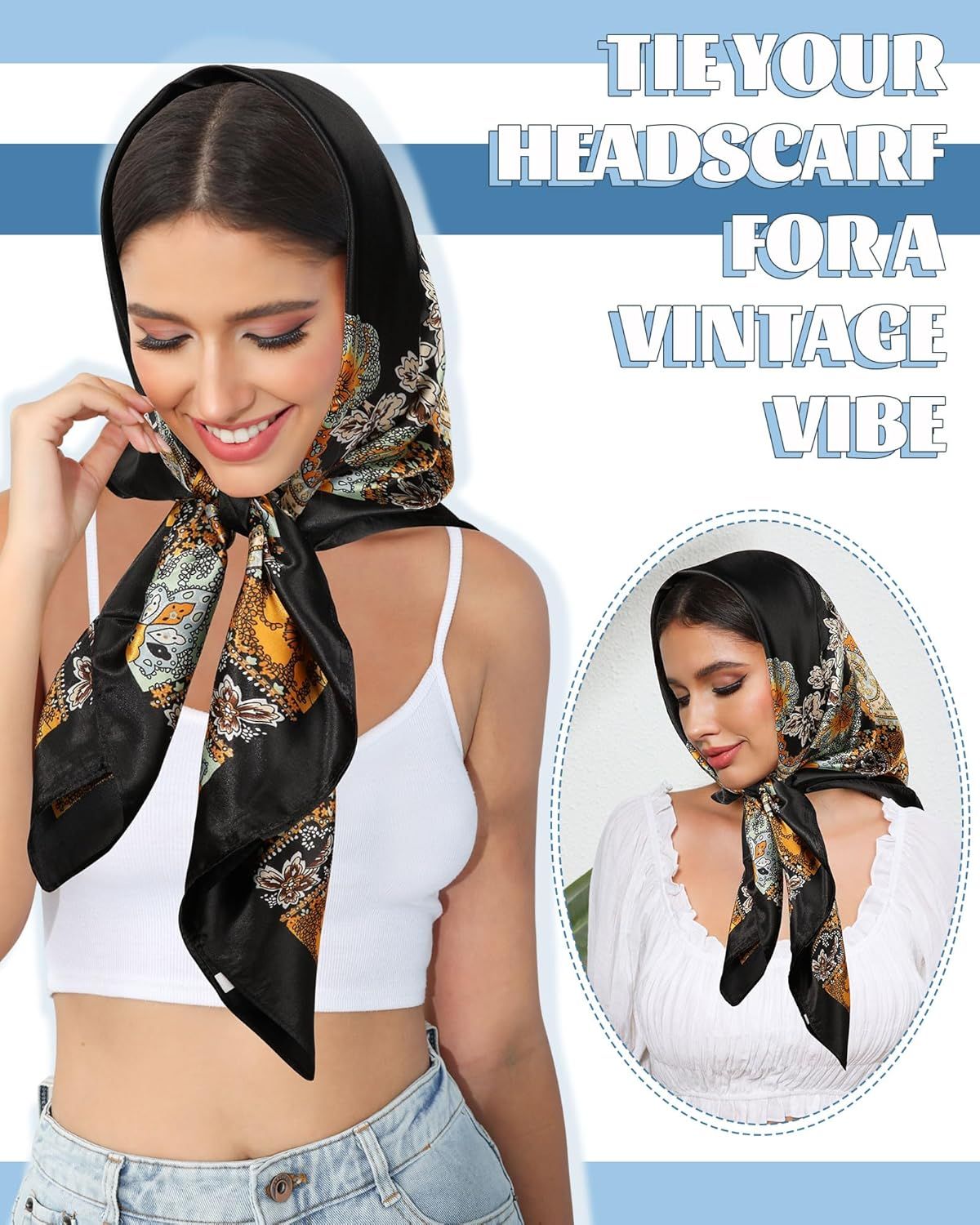 35” Large Square Satin Head Scar - 3Pcs Satin Hair Scarves Silk Bandana Scar Headscar Silk eeling Scar or Women