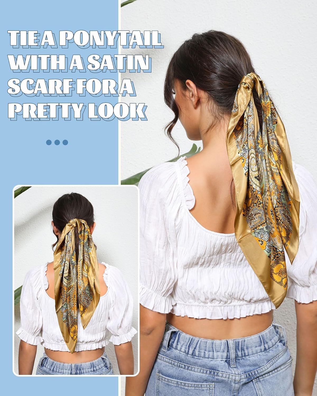 35” Large Square Satin Head Scar - 3Pcs Satin Hair Scarves Silk Bandana Scar Headscar Silk eeling Scar or Women