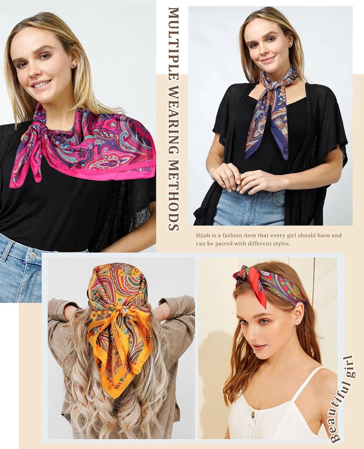 27.5” Silk Satin Square Head Scar - 4PCS Satin Head Scarves or Women Hair Kerchie Bandanas Sleeping Head Wraps