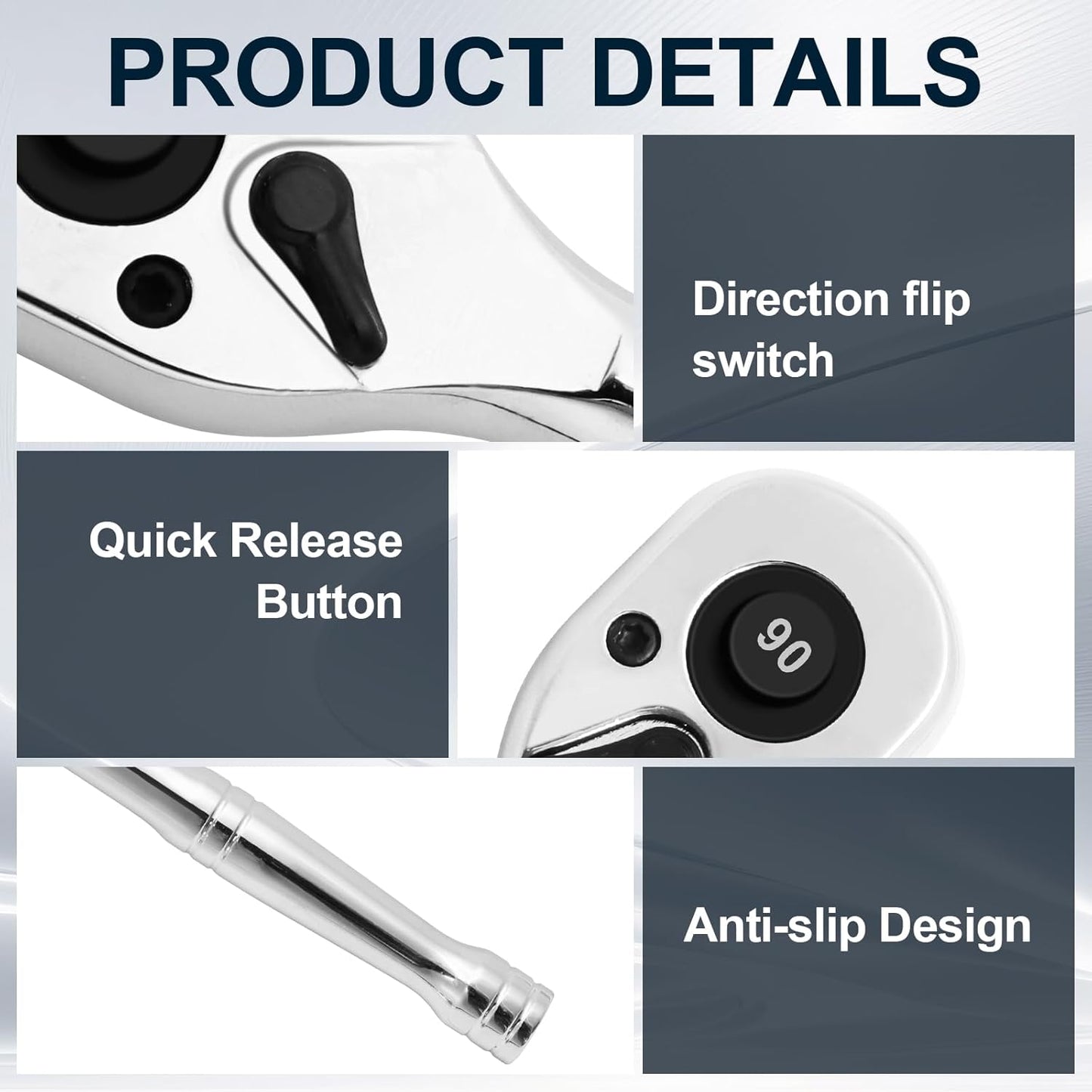 Biaungdo 1/4 Inch Drive Ratchet with 2 Inch Extension Bar, 90-Tooth Reversible Quick-release Ratchet Wrench, Chrome Alloy Socket Wrench Set