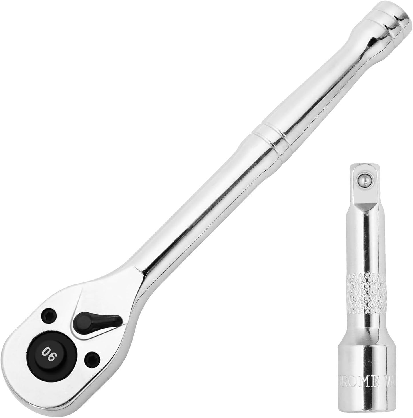 Biaungdo 1/4 Inch Drive Ratchet with 2 Inch Extension Bar, 90-Tooth Reversible Quick-release Ratchet Wrench, Chrome Alloy Socket Wrench Set