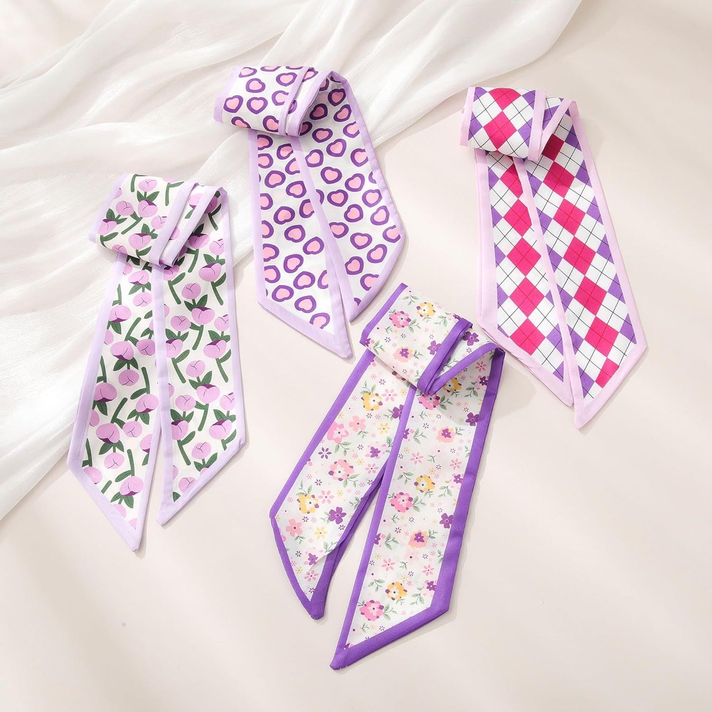 4Pcs Twilly Scar or Handbags 5.9" x 59" Silk-Like Satin Skinny Neck Scar or Purse Lightweight Headband Hair Tie