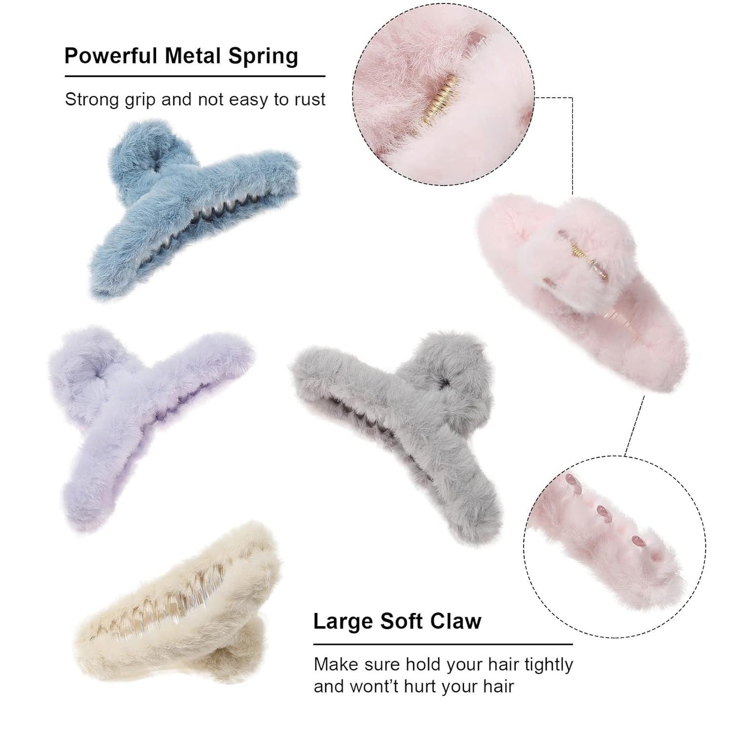5PCS Large Claw Hair Clips or Thick Hair Big uzzy Hair Clips or Women Nonslip Strong Hold Hair Claw Clip (Plush (Blue+Grey+Pink+Purple+Beige))