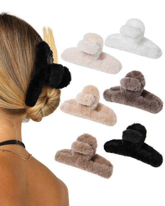 Plush Clip - Hair Clip, 6 Pcs Rectangular Cute Hair Clips or Women, Large Hair Barrettes or Thick Hair, Non Slip Hair Jaw Clips or Girls, Camel/Coee/Beige/Khaki/White/Black