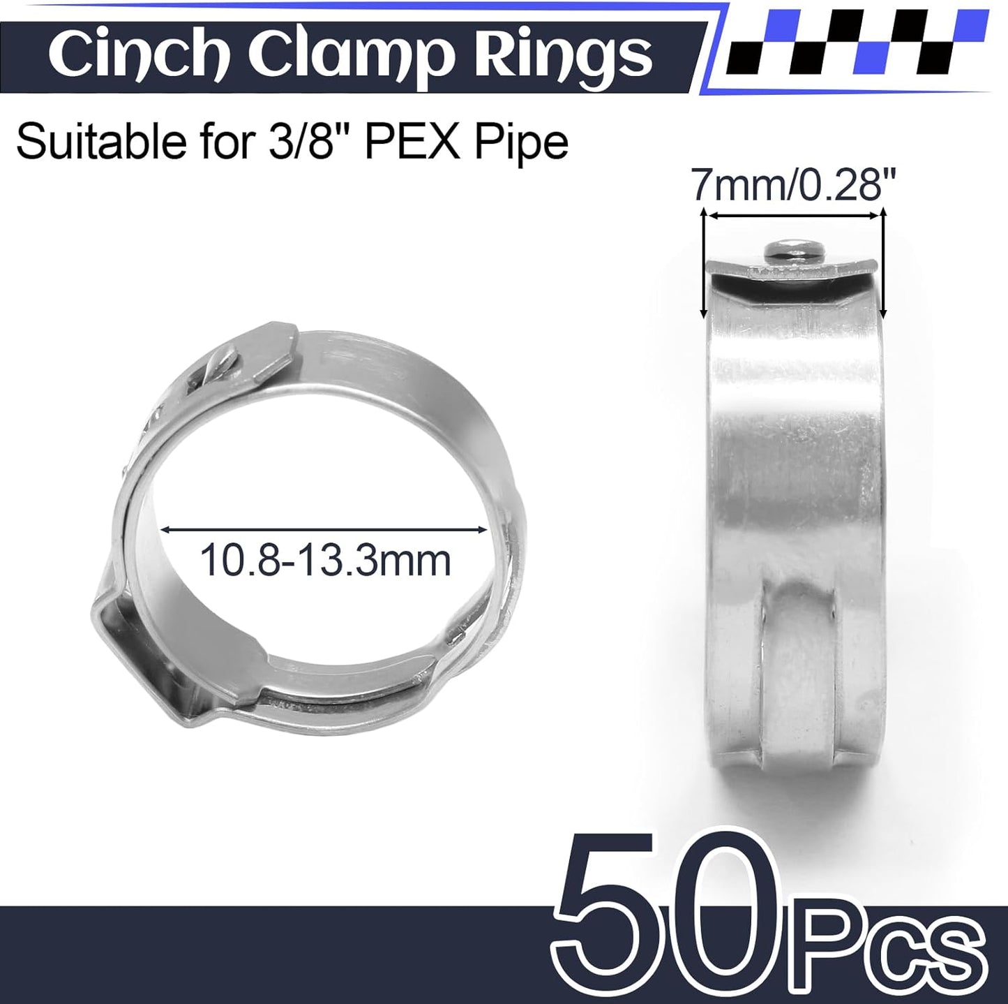 Biaungdo 50 Pcs 3/8 Inch PEX Cinch Clamps Crimp Rings, 304 Stainless Steel PEX Cinch Crimp Rings Pinch Clamps Single Ear Hose Clamp for PEX Tubing Pipe Fittings Connection