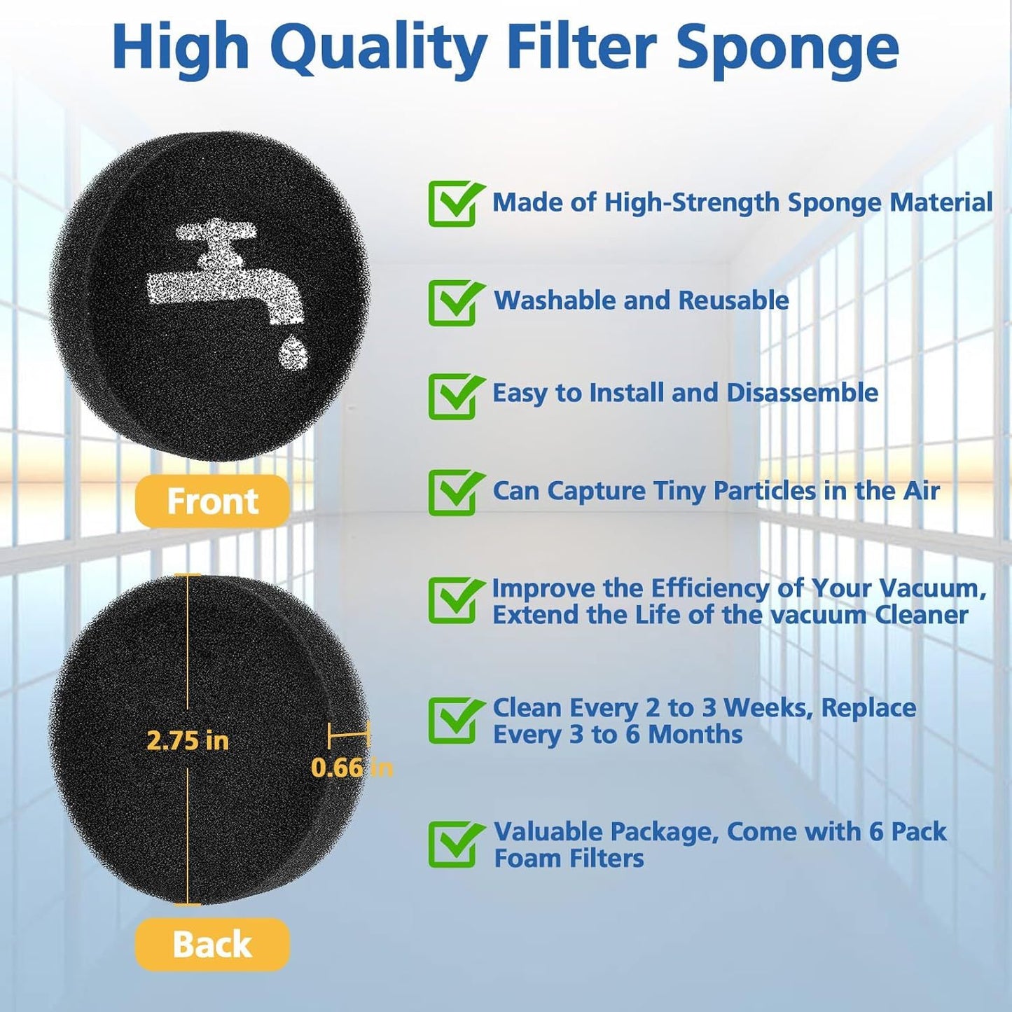 Sponge ilter Replacement Compatible with BLACK+DECKER POWERSERIES+ 16V / 20V Cordless Stick Vacuum Models BHEA420J, BHEA520J, BHEA18D1, Replace Part BHEA1, 6 Pack