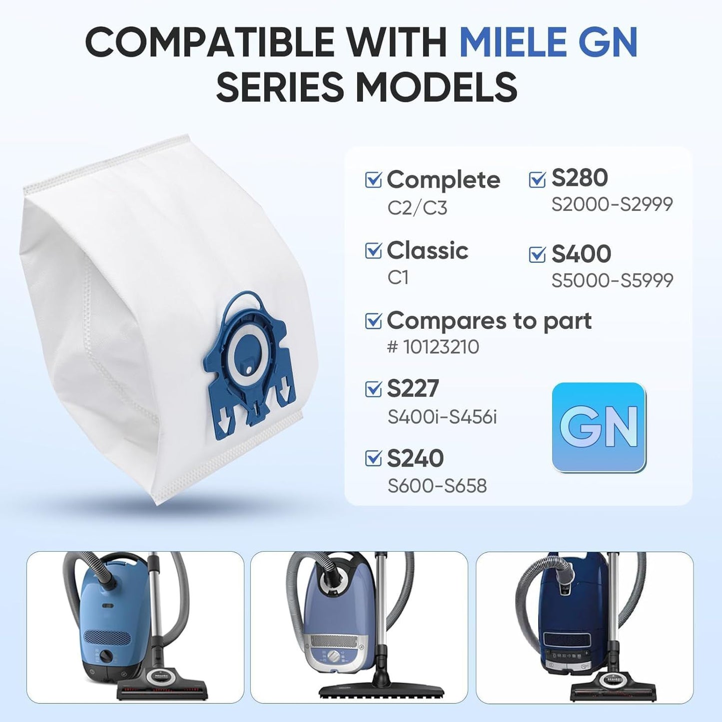Replacement GN Vacuum Cleaner Bags Compatible with Miele Classic C1,Complete C2, Complete C3, S227/S240, S270,S400,S2,S5,S8 Series Canister Vacuum Cleaner (6 Pack Dust Bags + 2 Set ilters)