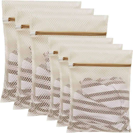 6 Pack Laundry Bag, Durable Honeycomb Mesh Laundry Bags Suitable for Delicate Clothes Washing (3 Large, 3 Medium) Beige