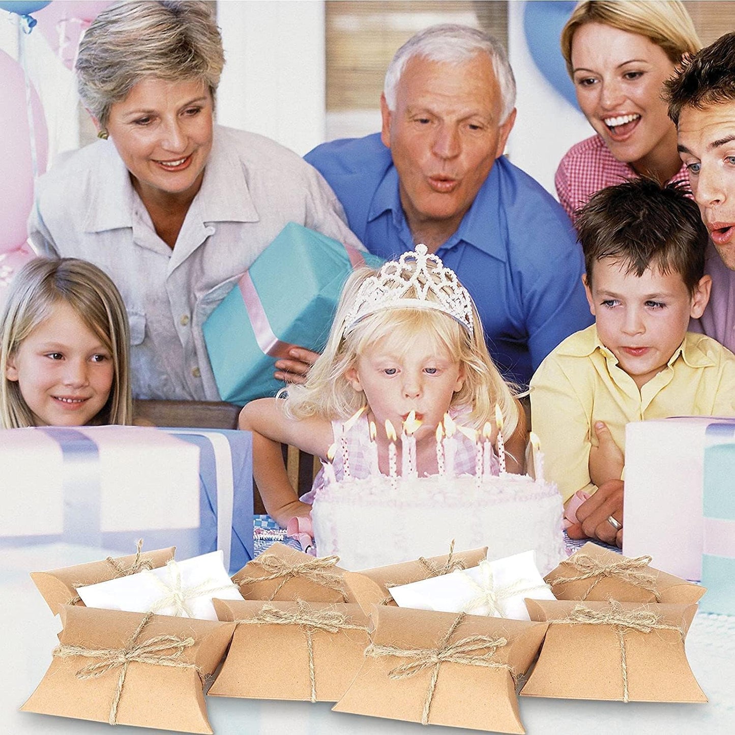 BallHull Kraft Paper Pillow Candy Box, Foldable Gift Box with Jute Rope for Weddings, Parties, Birthdays, Holidays, 60 Pcs
