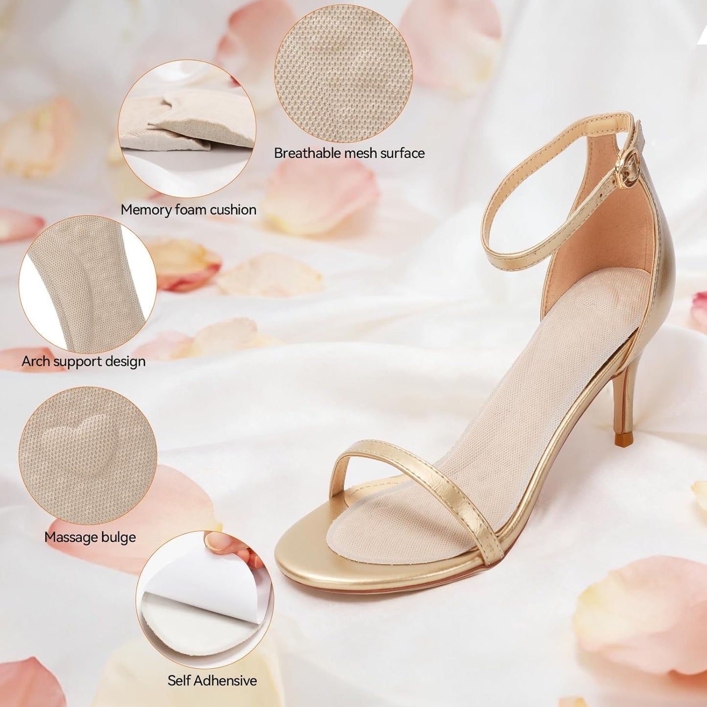 Arch Support High Heel Inserts for Women, Breathable Foam Cushion Sandal Inserts with Mesh Fabric Surface, Anti-Slip Insoles for Flats, Shock Absorb Inserts for Plantar Fasciitis Relief, L 7.5-9.5