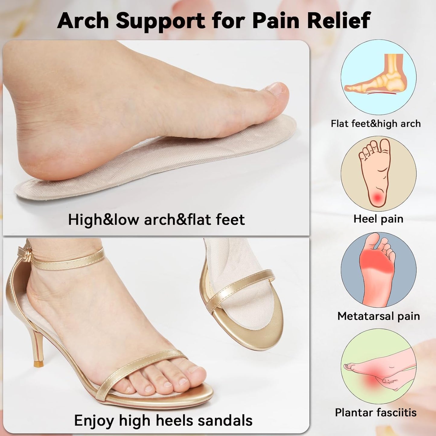 Arch Support High Heel Inserts for Women, Breathable Foam Cushion Sandal Inserts with Mesh Fabric Surface, Anti-Slip Insoles for Flats, Shock Absorb Inserts for Plantar Fasciitis Relief, L 7.5-9.5