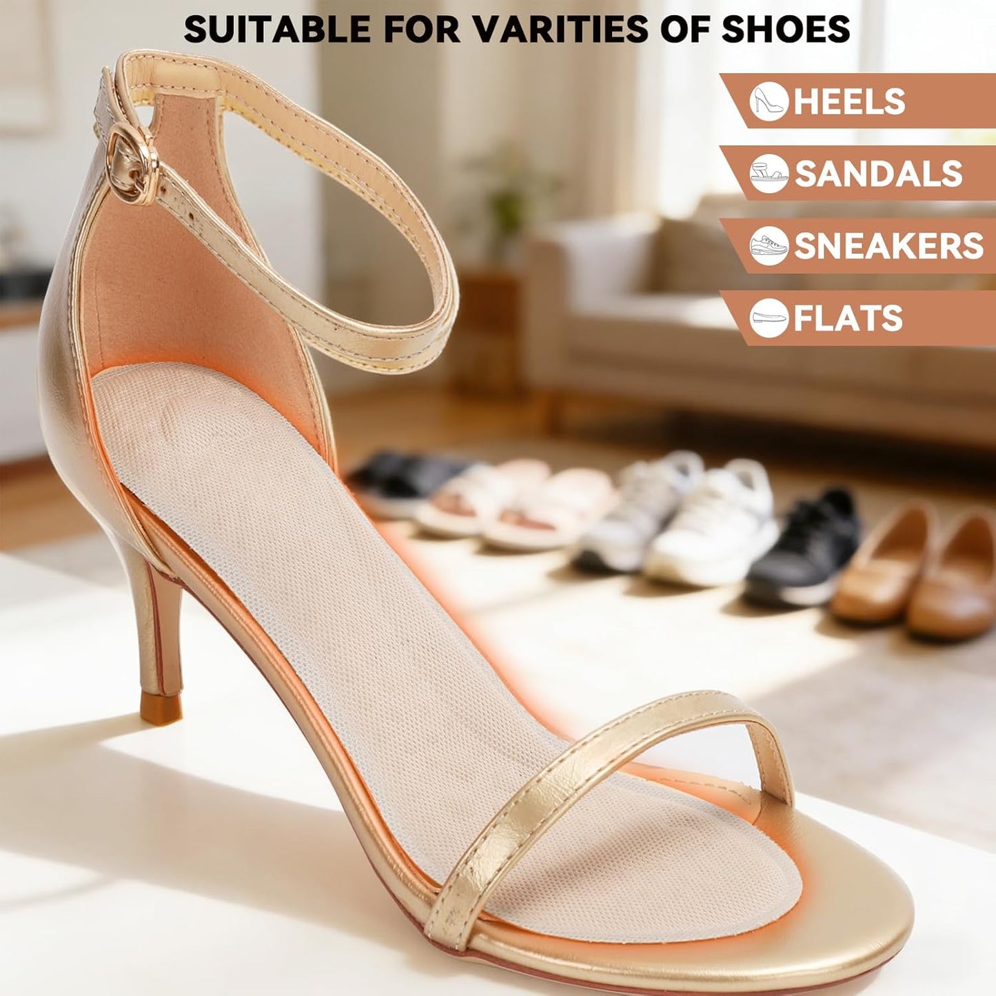 Arch Support High Heel Inserts for Women, Breathable Foam Cushion Sandal Inserts with Mesh Fabric Surface, Anti-Slip Insoles for Flats, Shock Absorb Inserts for Plantar Fasciitis Relief, L 7.5-9.5