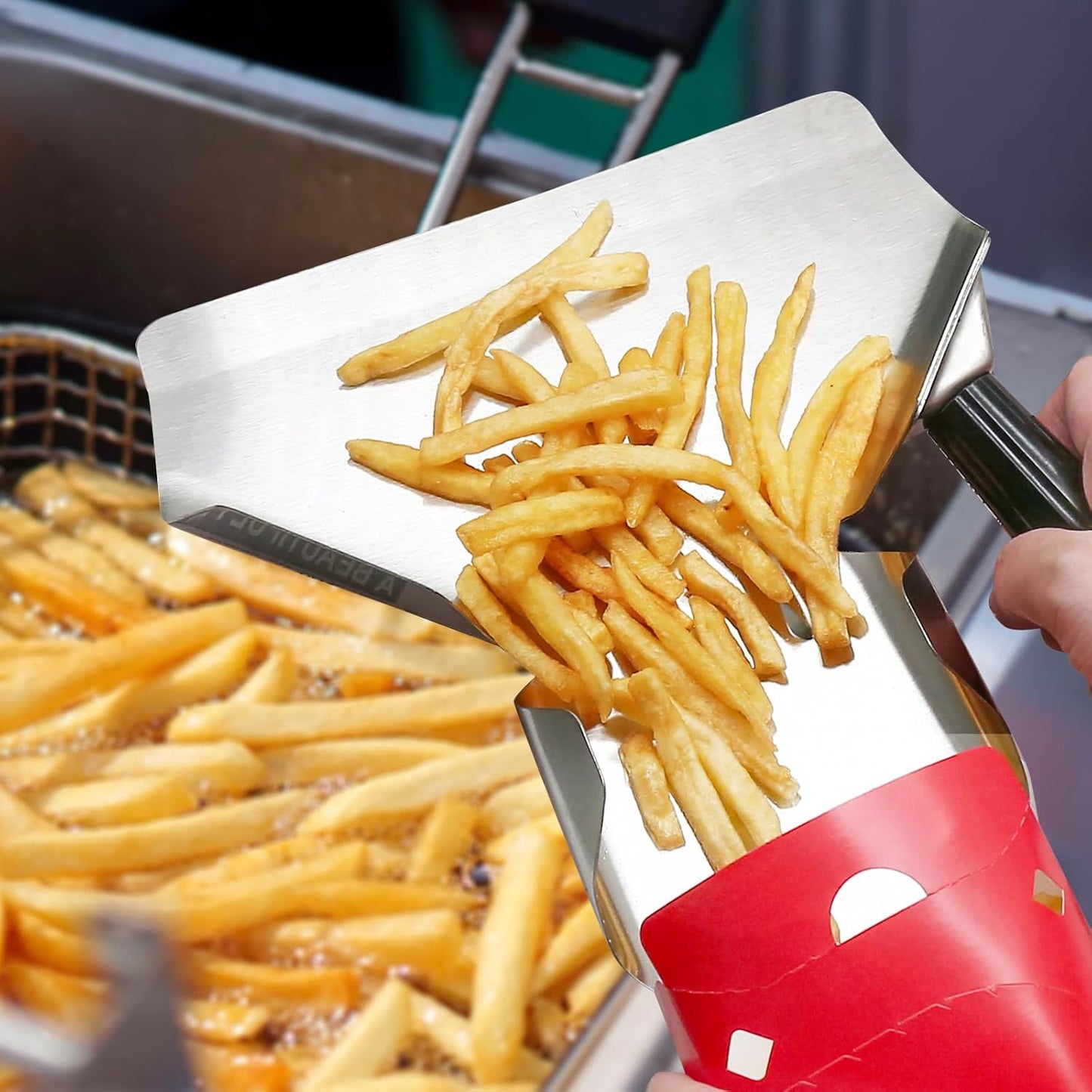 Biaungdo Stainless Steel French Fry Popcorn Scoop, Metal Popcorn Scoop, French Fry Bagger, Quick Fill Tool for Bags & Boxes, Multipurpose Scooper for Food, Fries, Snacks, Desserts, Ice(Right Handle)