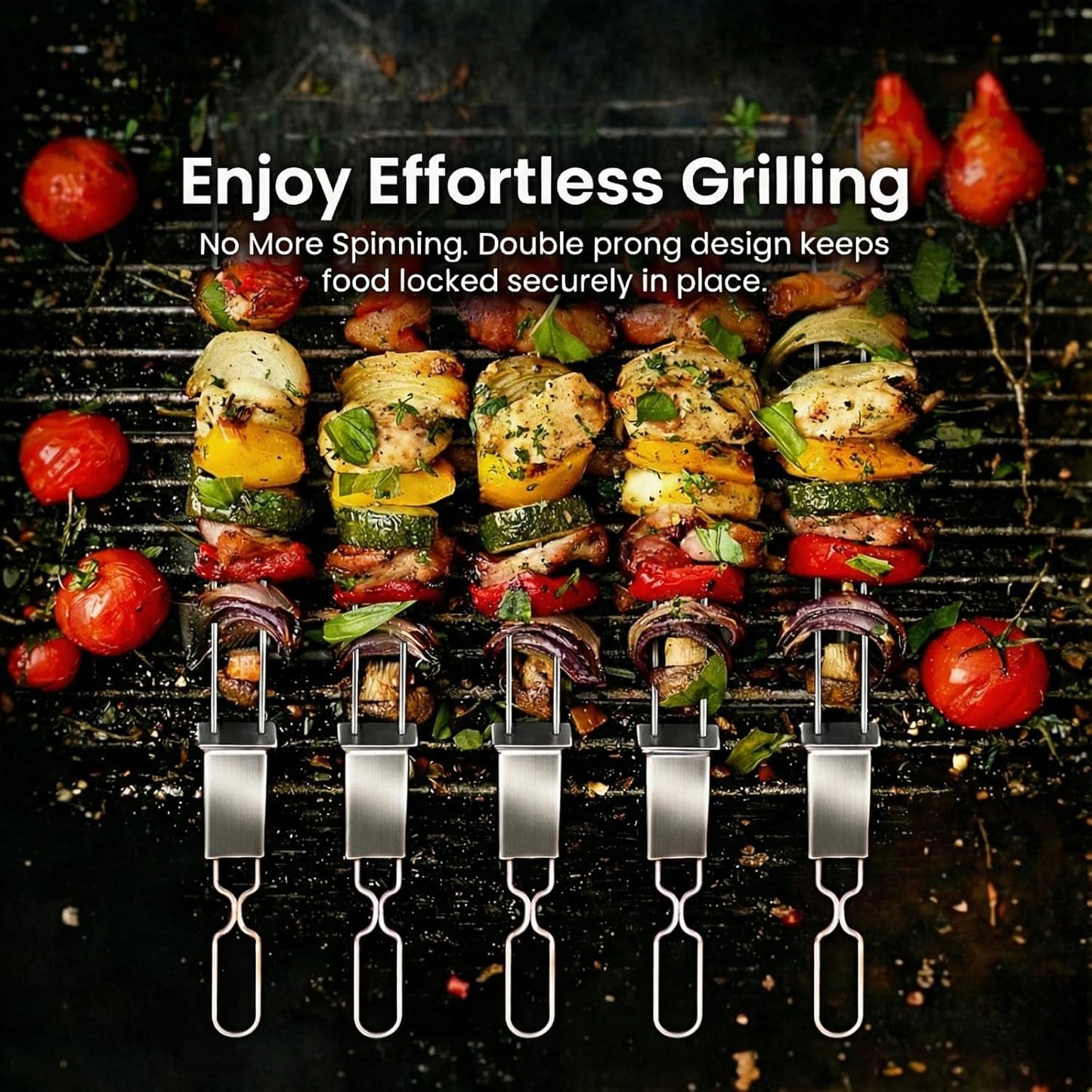 Kabob Skewers for Grilling, 10 Pack 13" Double Pronged with Push Bar, Stainless Steel BBQ Skewers with 2 Brushes, Reusable for Meat, Shrimp, Chicken, Veggie, Perfect for Camping & Family Use.