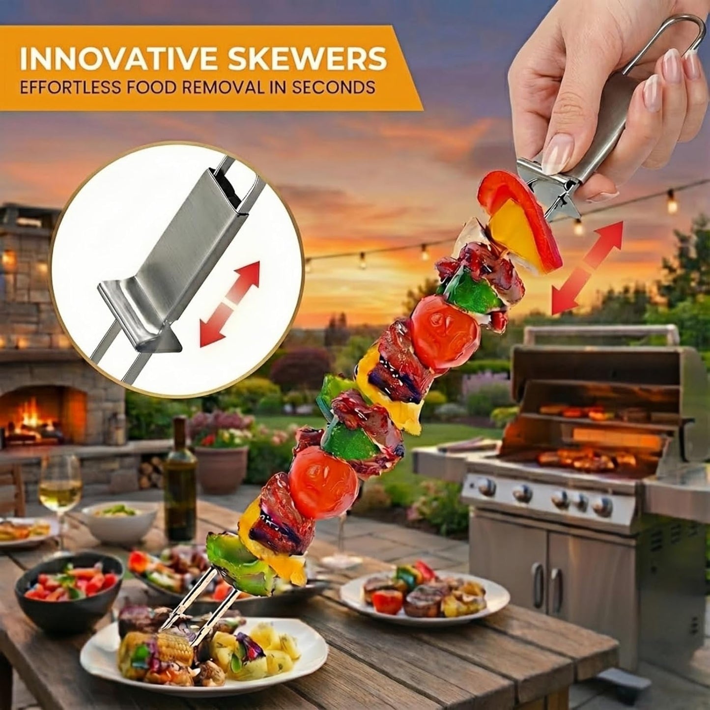 Kabob Skewers for Grilling, 10 Pack 13" Double Pronged with Push Bar, Stainless Steel BBQ Skewers with 2 Brushes, Reusable for Meat, Shrimp, Chicken, Veggie, Perfect for Camping & Family Use.