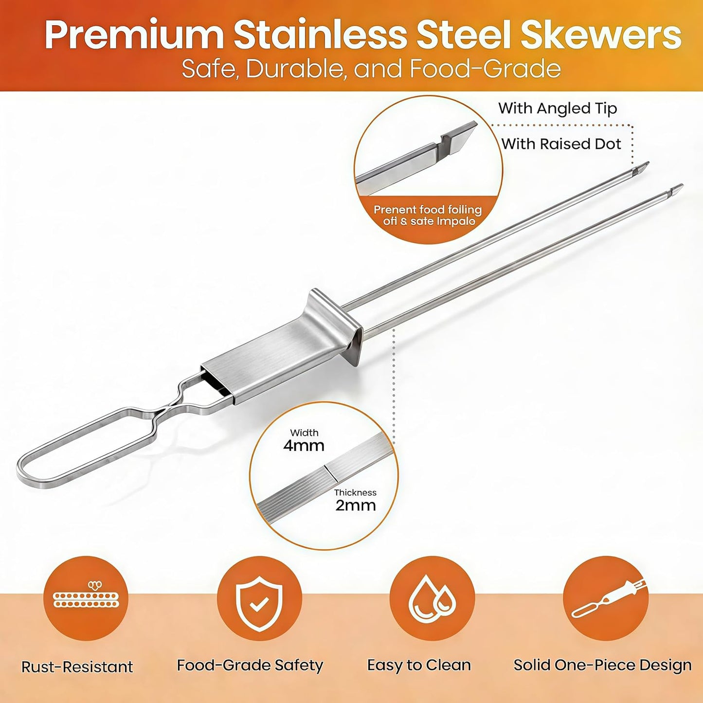 Kabob Skewers for Grilling, 10 Pack 13" Double Pronged with Push Bar, Stainless Steel BBQ Skewers with 2 Brushes, Reusable for Meat, Shrimp, Chicken, Veggie, Perfect for Camping & Family Use.