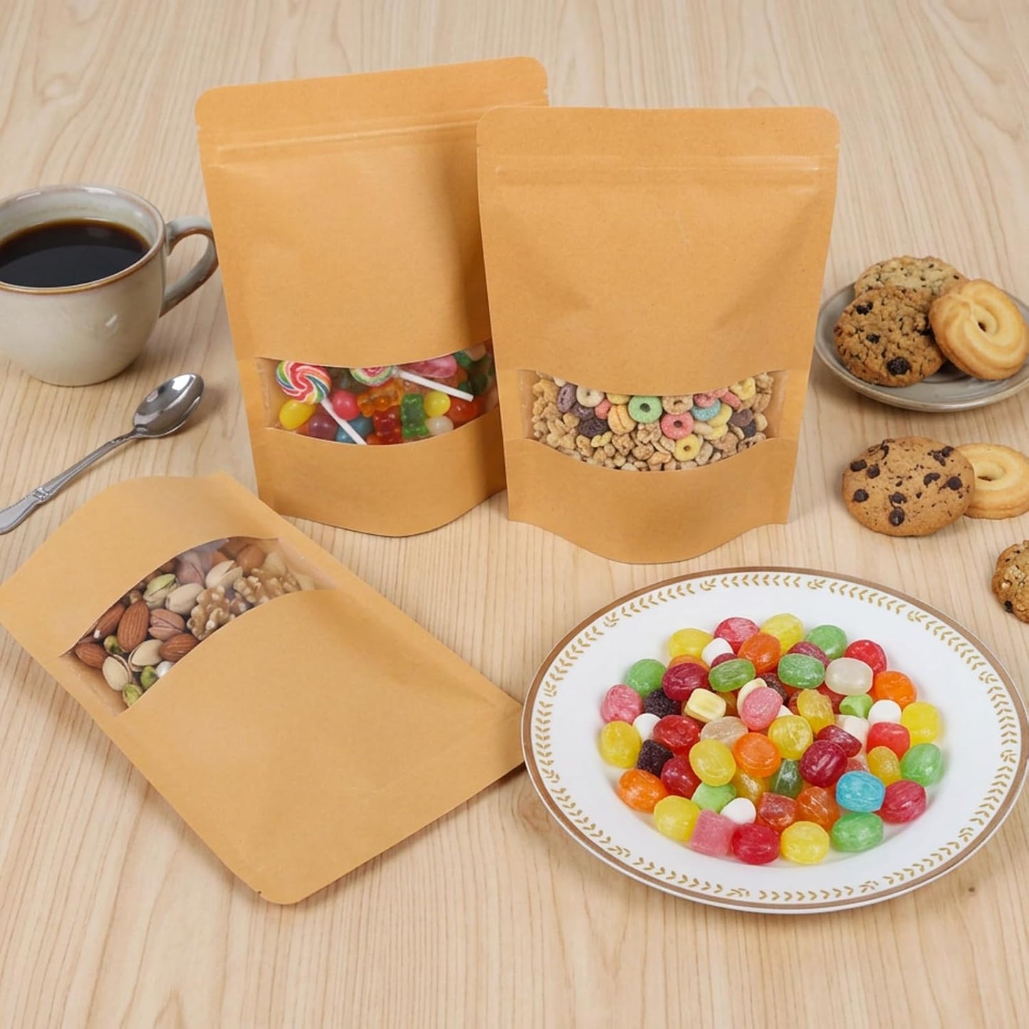 Moretoes 72pcs 5.9x8.6 Inches Kraft Paper Resealable Bags for Small Business, Stand Up Pouches, Food Packaging Bags with Window, Ziplock Coffee Pouches for Small Business