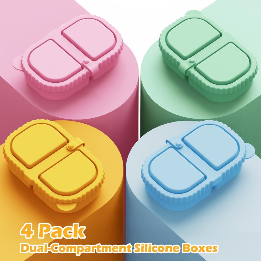 YQL 4 Pack Silicone Snack Containers with Leakproof Lids, Double-Compartment Bento Boxes for Kids & Adults, Reusable Food Storage for Snacks, Sauces, Lunch, Travel, and Meal Prep