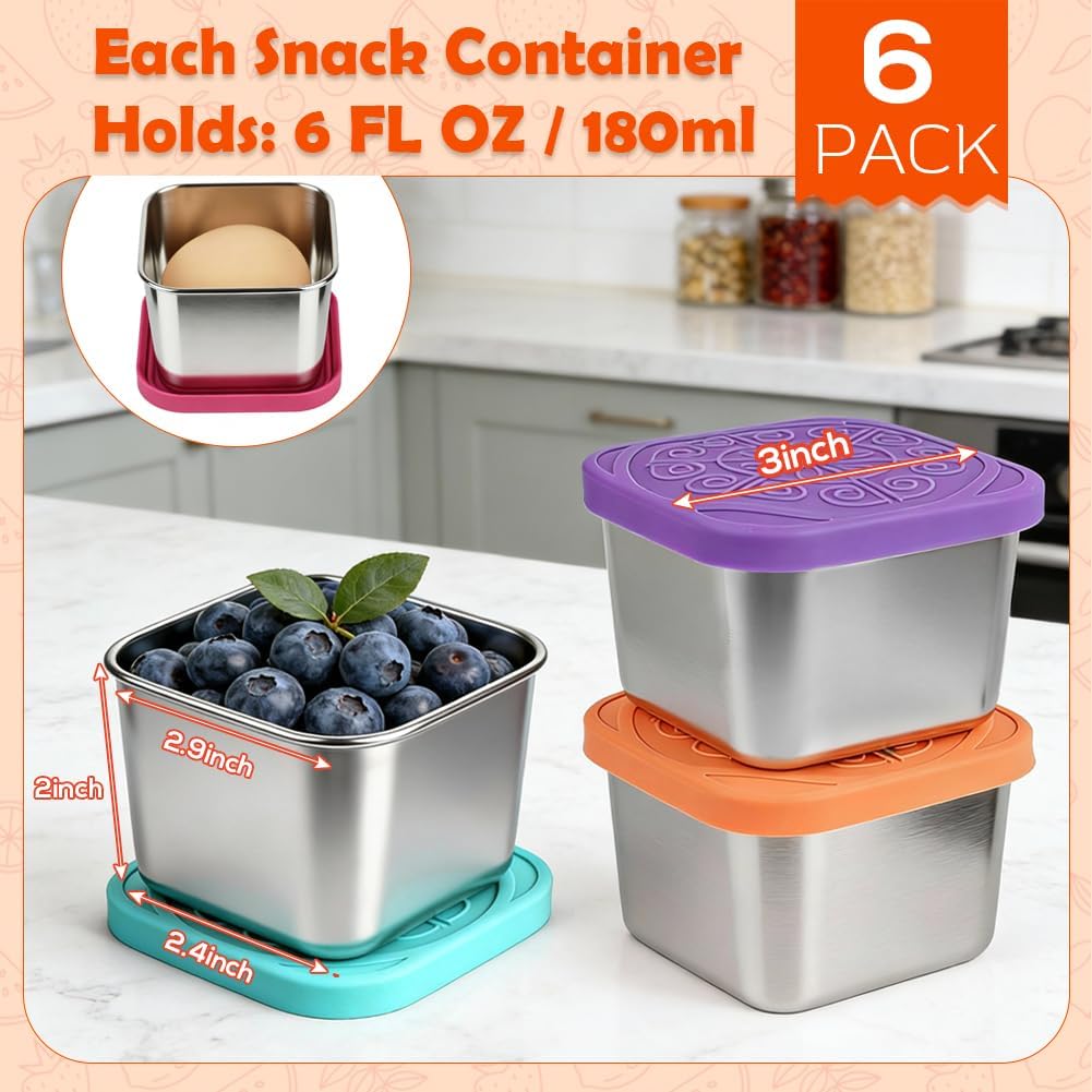 YQL 6-Pack 6oz Square Stainless Steel Snack Containers – Leakproof Metal Food Storage with Colorful Silicone Lids, Reusable Small Boxes for Travel & Meal Prep