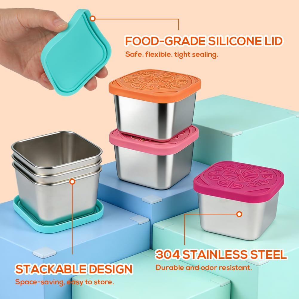 YQL 6-Pack 6oz Square Stainless Steel Snack Containers – Leakproof Metal Food Storage with Colorful Silicone Lids, Reusable Small Boxes for Travel & Meal Prep