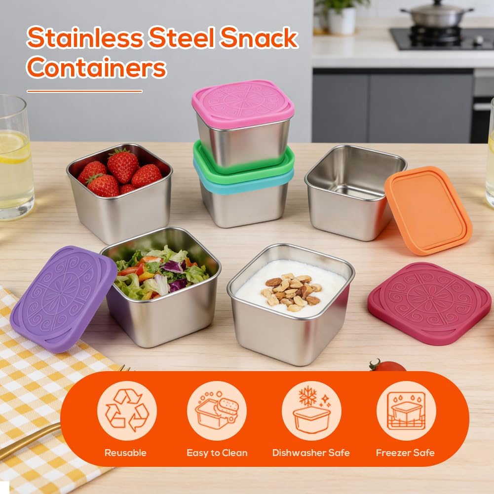 YQL 6-Pack 6oz Square Stainless Steel Snack Containers – Leakproof Metal Food Storage with Colorful Silicone Lids, Reusable Small Boxes for Travel & Meal Prep