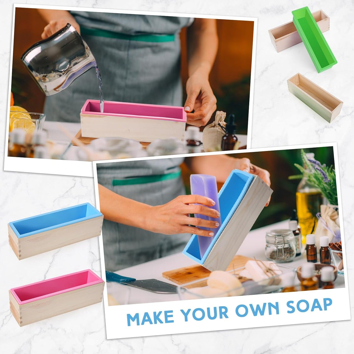 3 Pcs 42oz Soap Loaf Mold Flexible Rectangular Silicone Soap Molds Wood Box Tray Making Supplies for Homemade Craft DIY Tool(Green, Pink, Blue)