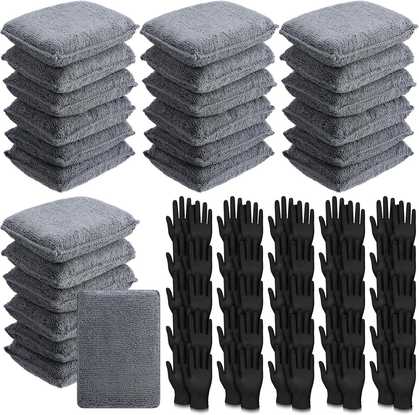24 Set Wood Stain Applicators and Disposable Latex Gloves Microfiber Stain Sponge Pads for Wood and Oil Based Finishes(Gray)