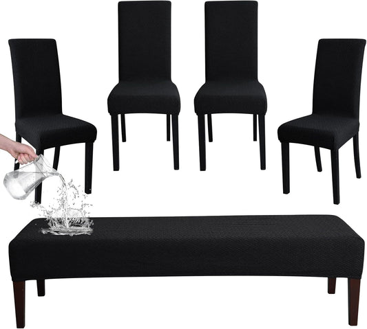 FORCHEER Dining Chair Covers and Bench Covers Set Waterproof Black Jacquard 4 Dining Room Chair and Bench Slipcover Washable