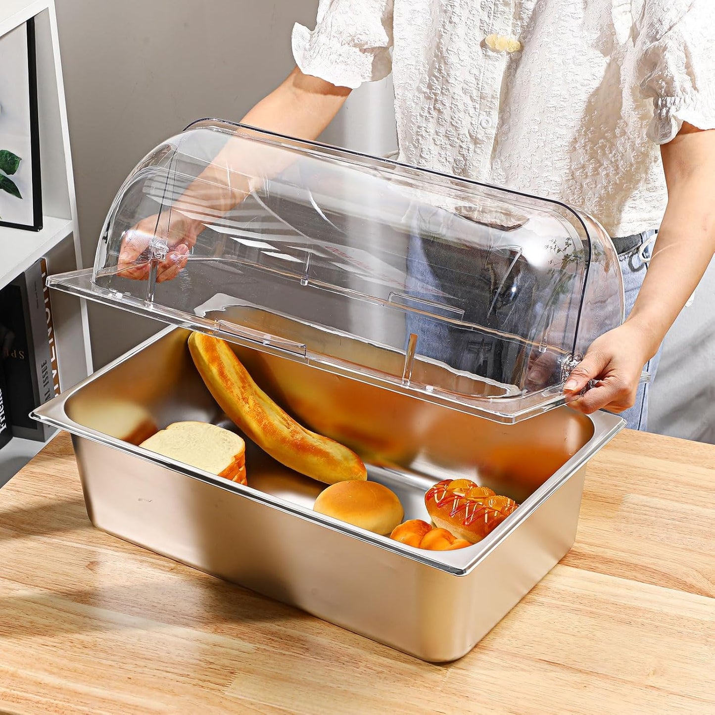 2 Pcs Clear Chafing Dish Covers Full Size Plastic Roll Top Chafing Dish Lid 21 x 13 x 6.7 Inches Food Pan Covers Plate Lid for Hot Buffet Cake Cupcake Dessert Display Bakery Outdoor Restaurant Hotel