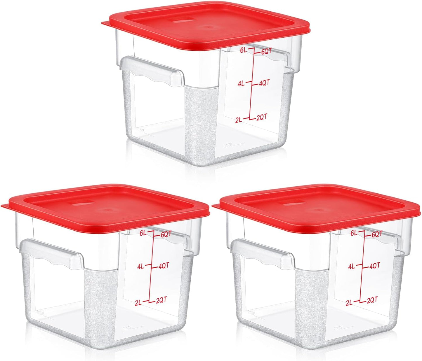 3 Sets 6 Qt Square Food Storage Containers with Lids Dough Proofing Bucket Commercial Polycarbonate Containers with Scale Clear Airtight Cereal for Pantry Home Restaurant (Red)
