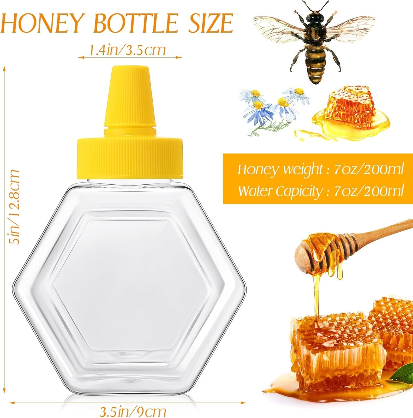 64 Pcs 7 oz Honey Squeeze Bottle Plastic Empty Beehive Bottle Jar with Spout Lid Clear Refillable Honey Containers for Condiment Storing and Dispensing Dispenser (Hexagon)