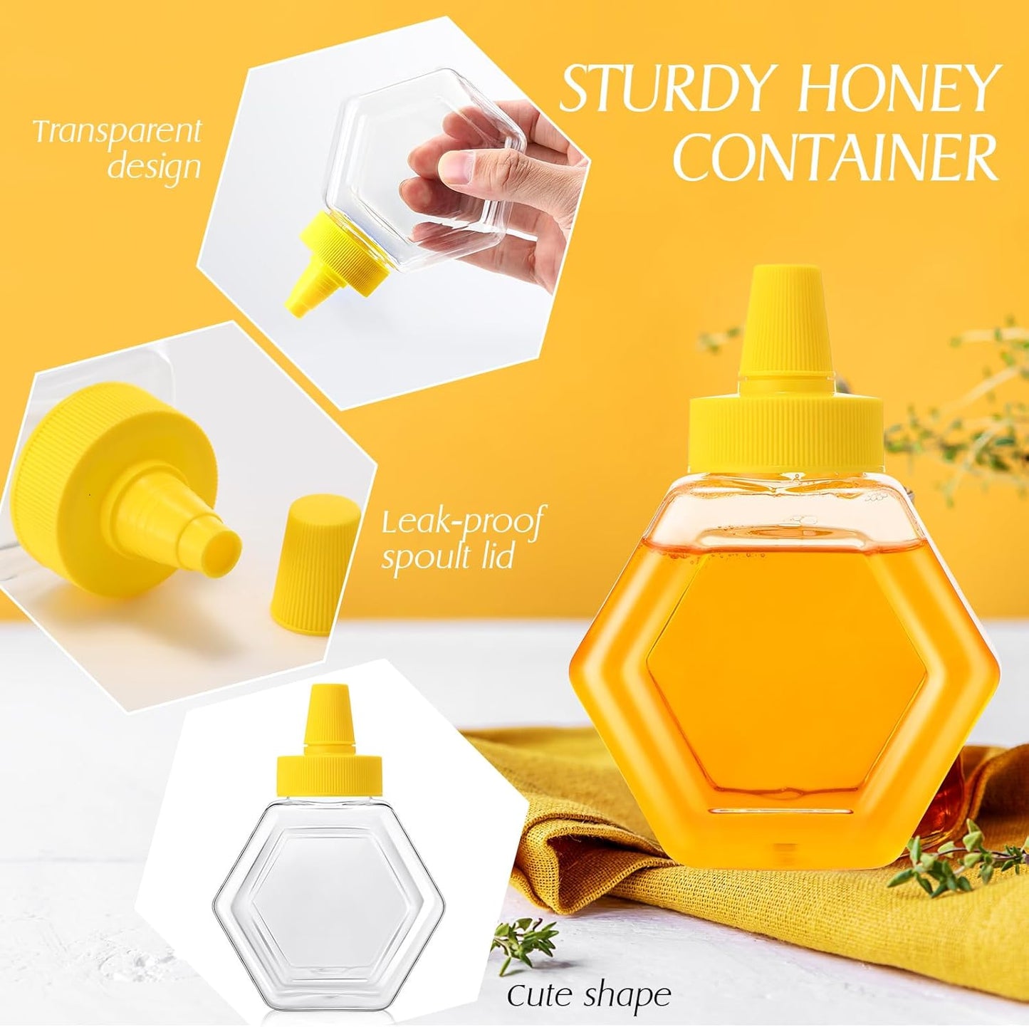 64 Pcs 7 oz Honey Squeeze Bottle Plastic Empty Beehive Bottle Jar with Spout Lid Clear Refillable Honey Containers for Condiment Storing and Dispensing Dispenser (Hexagon)