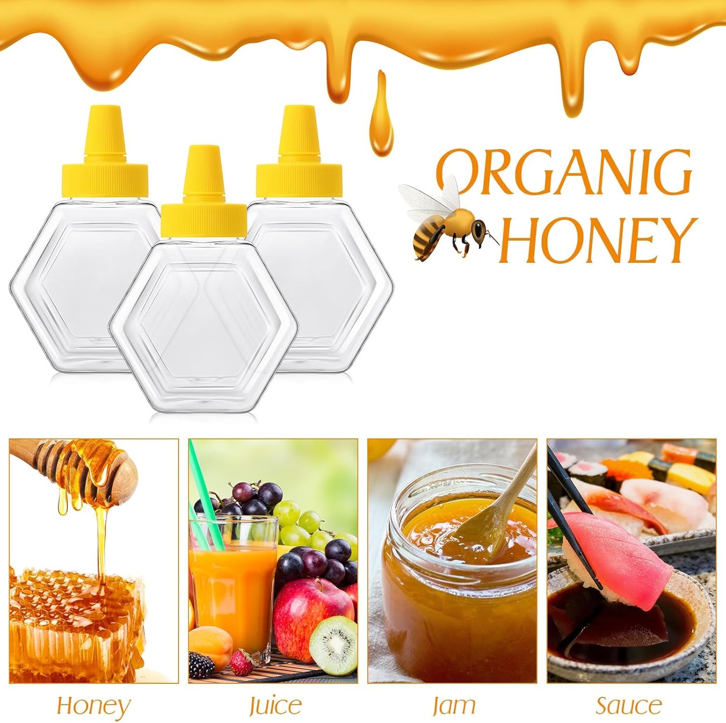 64 Pcs 7 oz Honey Squeeze Bottle Plastic Empty Beehive Bottle Jar with Spout Lid Clear Refillable Honey Containers for Condiment Storing and Dispensing Dispenser (Hexagon)