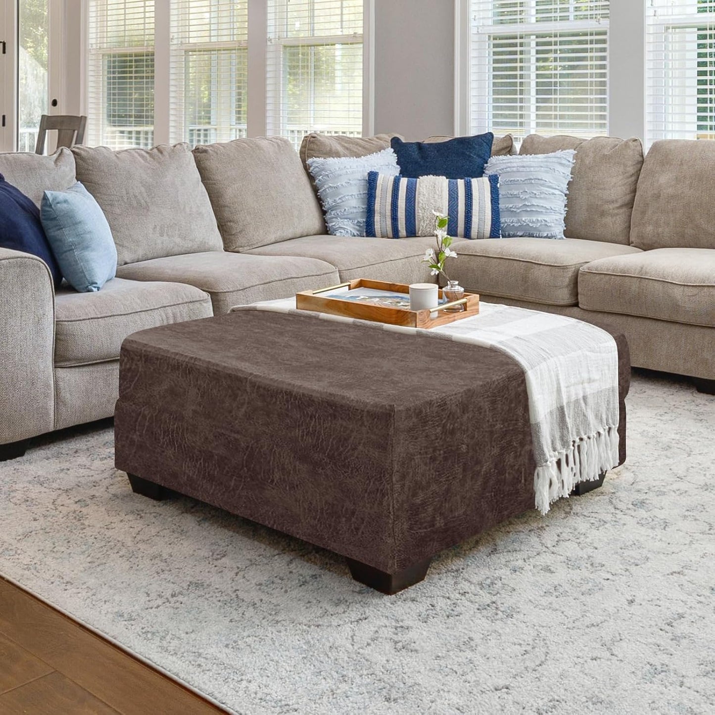 Leather Looking Ottoman Cover Brown 40x40x15inch Stretch Footstool Slipcover 1 Piece Washable Removable