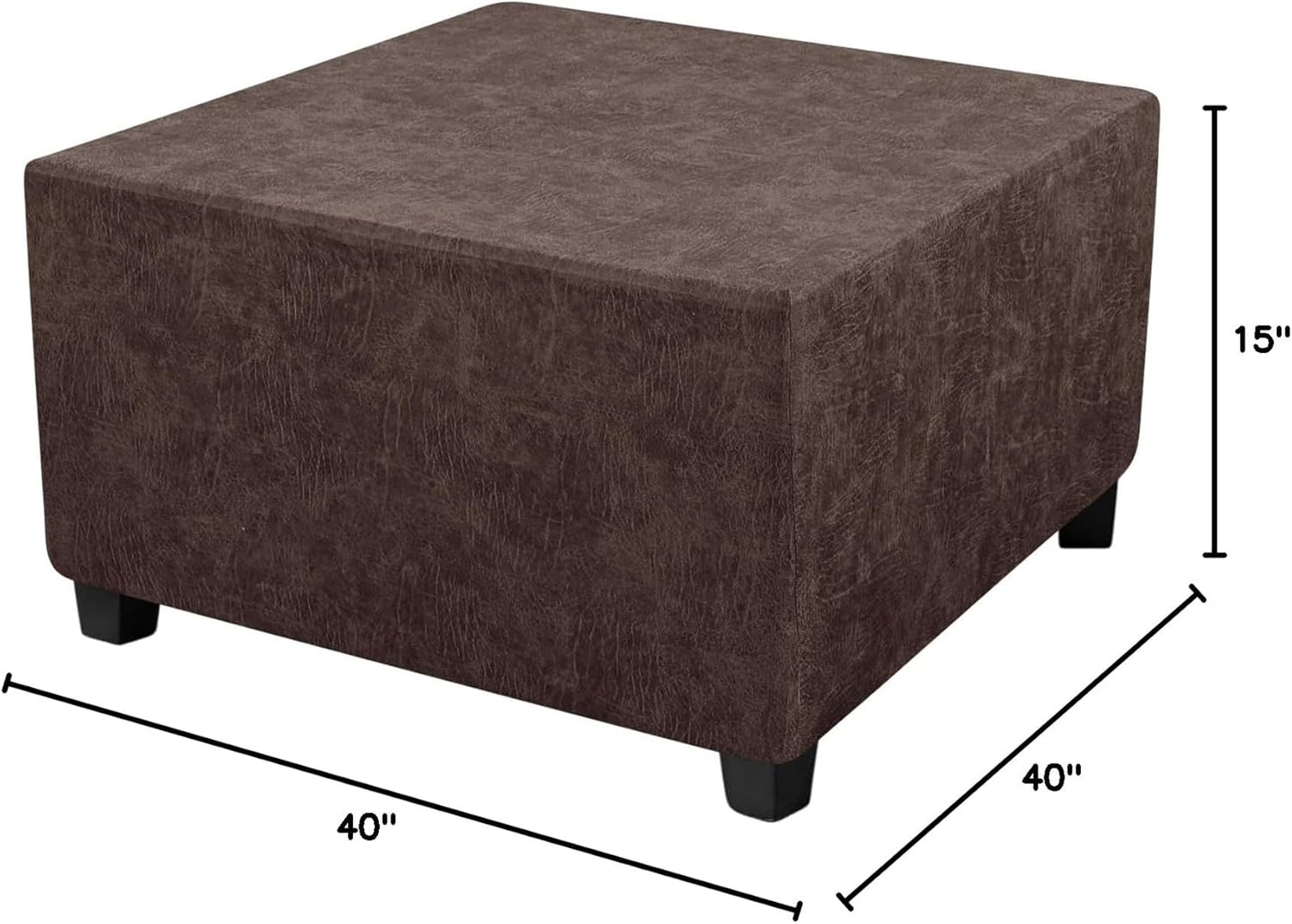 Leather Looking Ottoman Cover Brown 40x40x15inch Stretch Footstool Slipcover 1 Piece Washable Removable