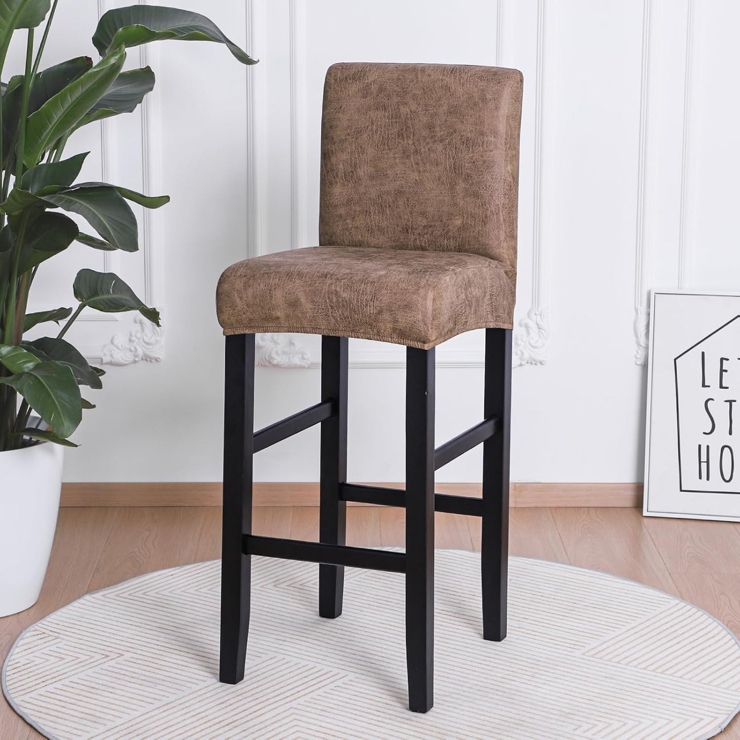 FORCHEER Bar Stool Chair Cover with Backs Set of 4 Leather Looking Barstool Slipcover for Short Back Counter Chairs Removable Washable (4PC,Camel)