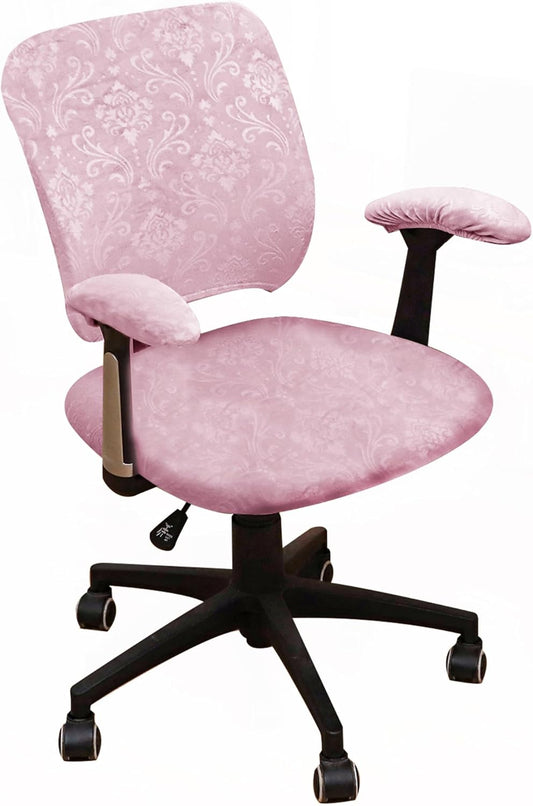 4 Pieces Office Chair Cover for Desk Chair Back and Seat with Armrest Covers Stretch Velvet Embossing Pink Split Office Chair Slipcovers Set Washable