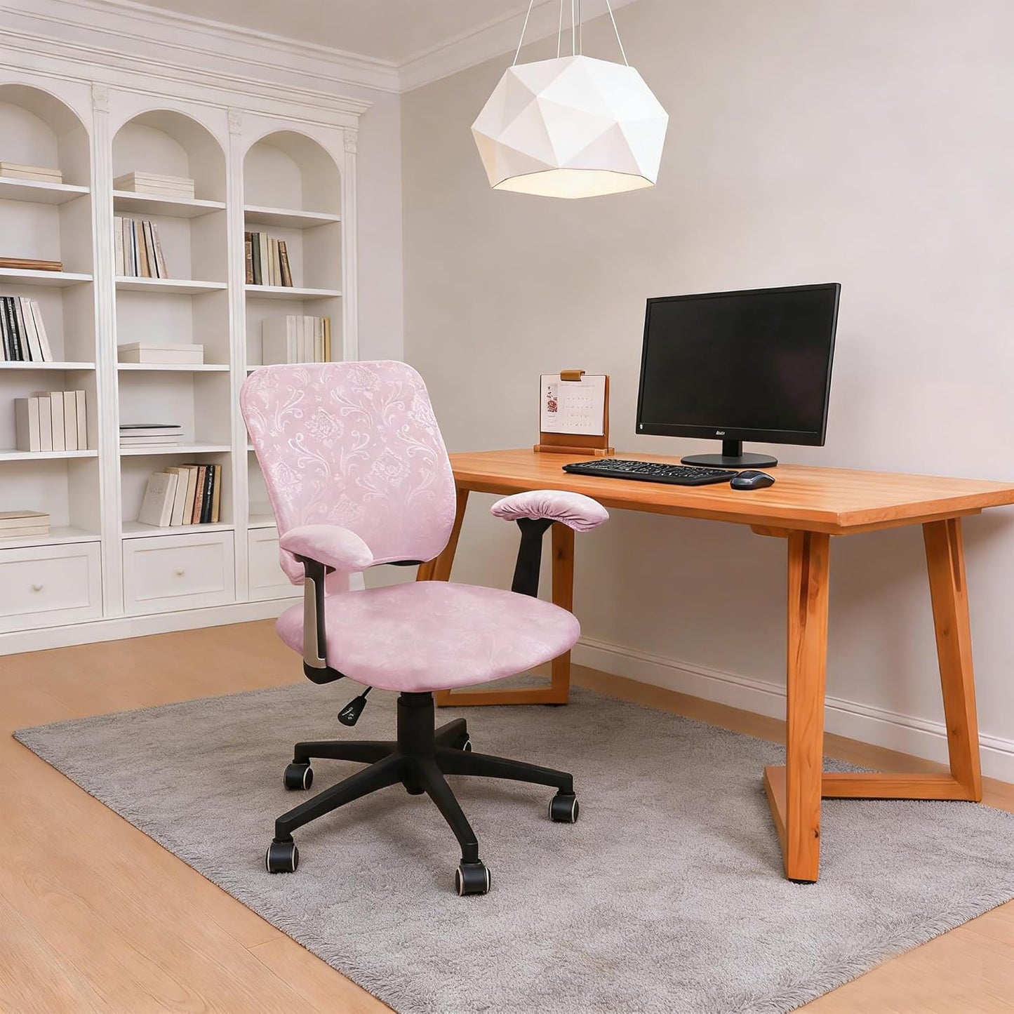 4 Pieces Office Chair Cover for Desk Chair Back and Seat with Armrest Covers Stretch Velvet Embossing Pink Split Office Chair Slipcovers Set Washable