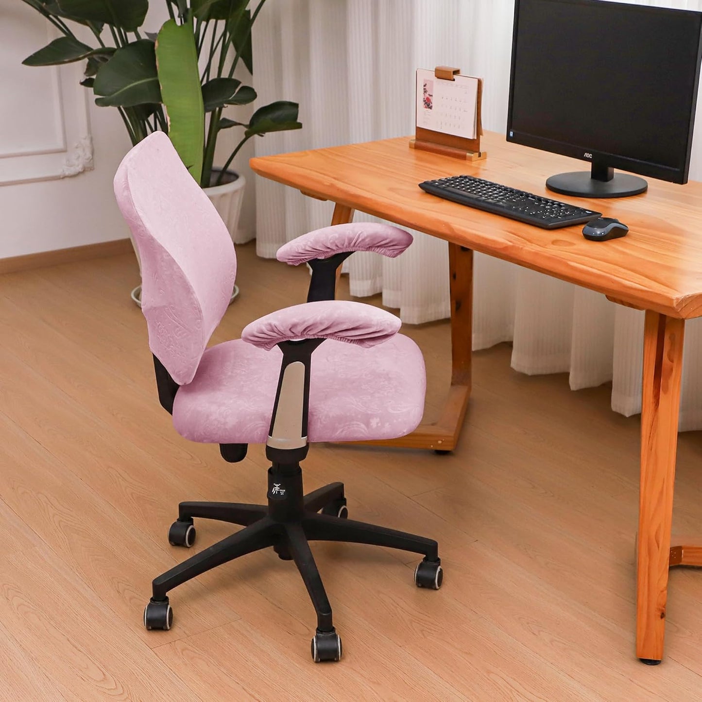 4 Pieces Office Chair Cover for Desk Chair Back and Seat with Armrest Covers Stretch Velvet Embossing Pink Split Office Chair Slipcovers Set Washable