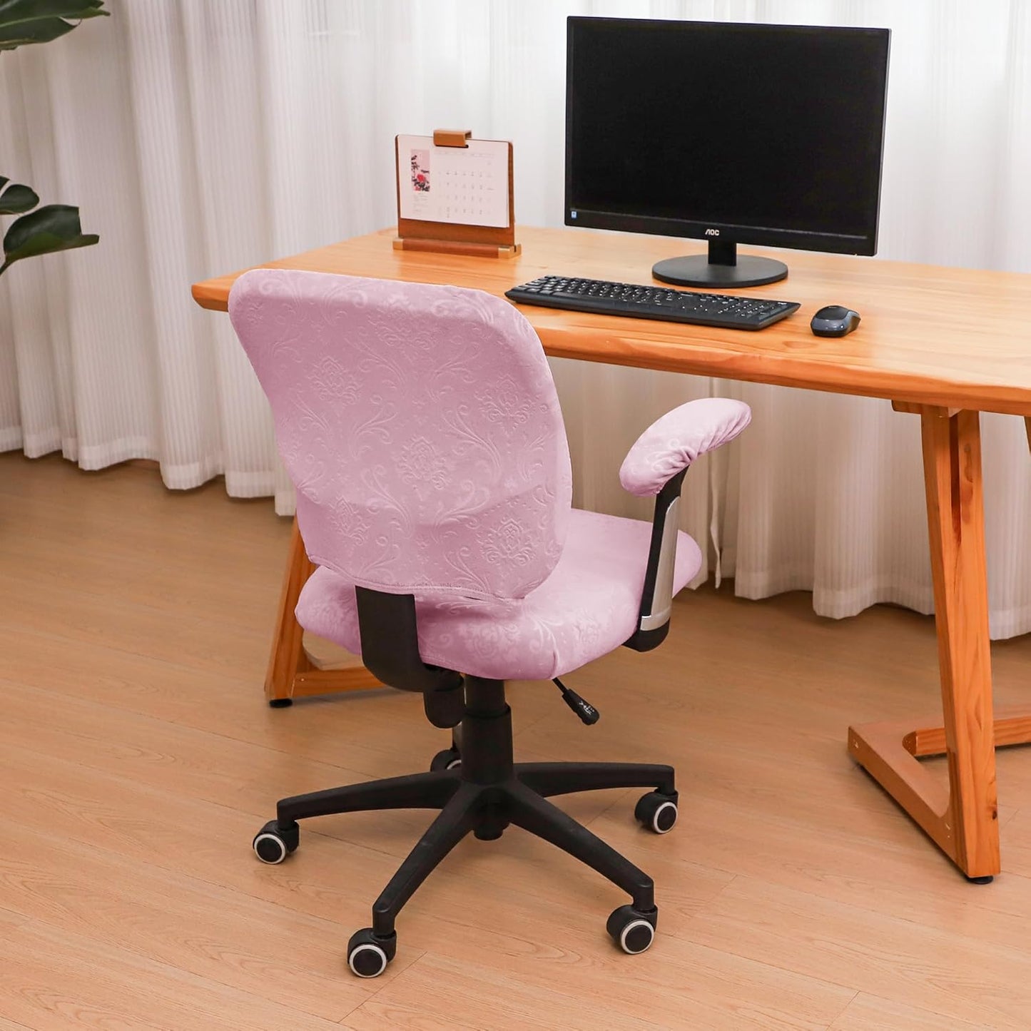 4 Pieces Office Chair Cover for Desk Chair Back and Seat with Armrest Covers Stretch Velvet Embossing Pink Split Office Chair Slipcovers Set Washable