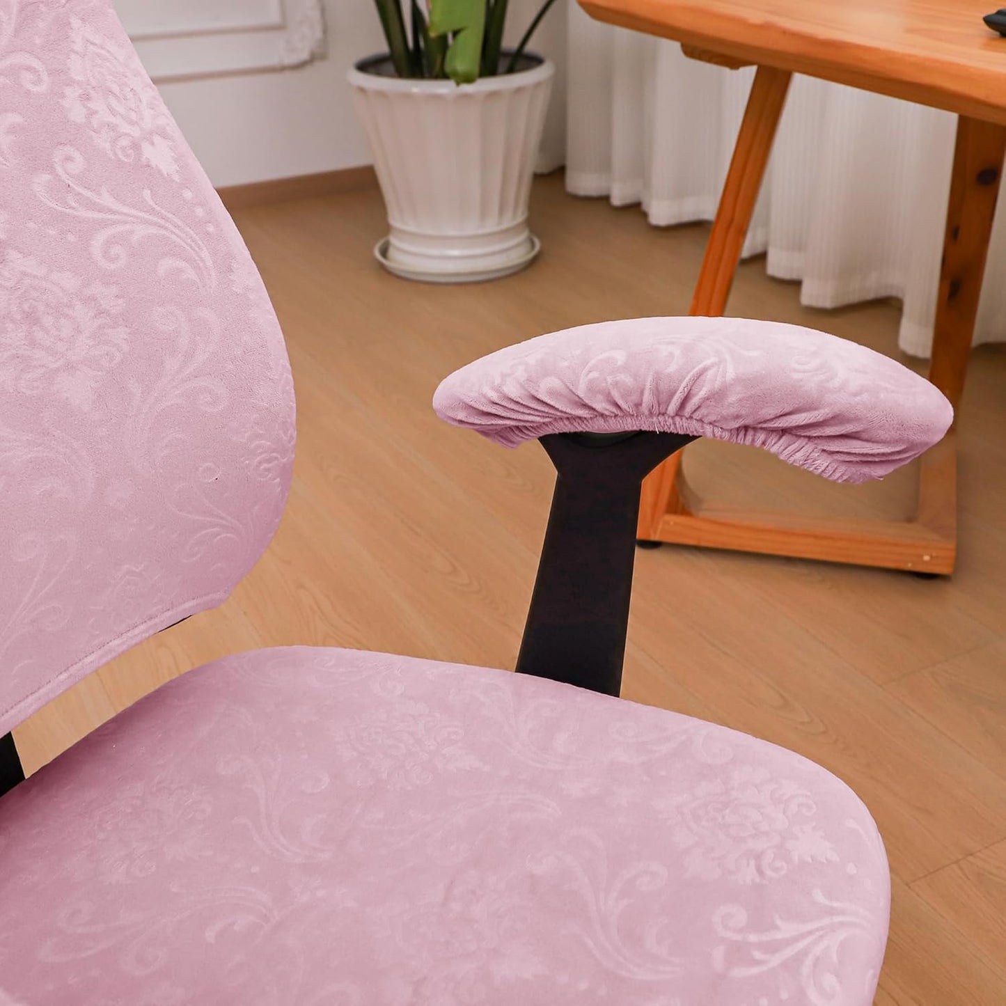 4 Pieces Office Chair Cover for Desk Chair Back and Seat with Armrest Covers Stretch Velvet Embossing Pink Split Office Chair Slipcovers Set Washable