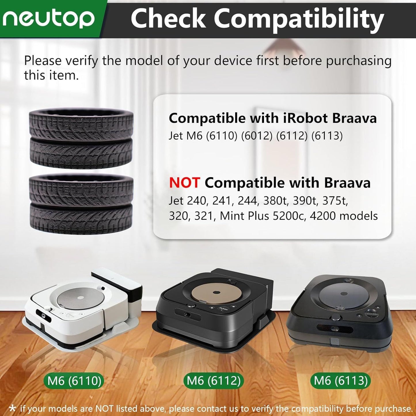 Replacement Rubber Wheel Tires Compatible with iRobot Braava Jet M6 (6110) (6012) (6112) (6113), Anti-slip, Great Adhesion and Easy Assembly, 4-Pack.