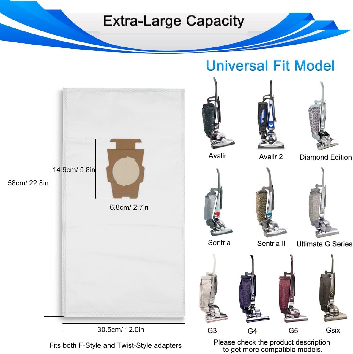 Style Vacuum Bags or Sentria I II G10D, Avalir, Avalir 2, Ultimate G Series, Diamond Edition, Universal HEPA Cloth Bags Replacement or G3 G4 G5 Gsix, 205811, 205814, 6 Pack